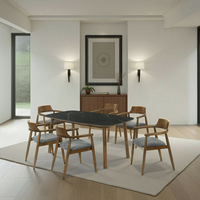 Emorie Mid-Century Modern 7-Piece Wood Dining Set in Walnut Finish with Sintered Stone Top
