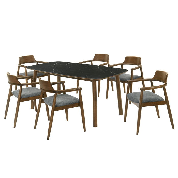Emorie Mid-Century Modern 7-Piece Wood Dining Set in Walnut Finish with Sintered Stone Top