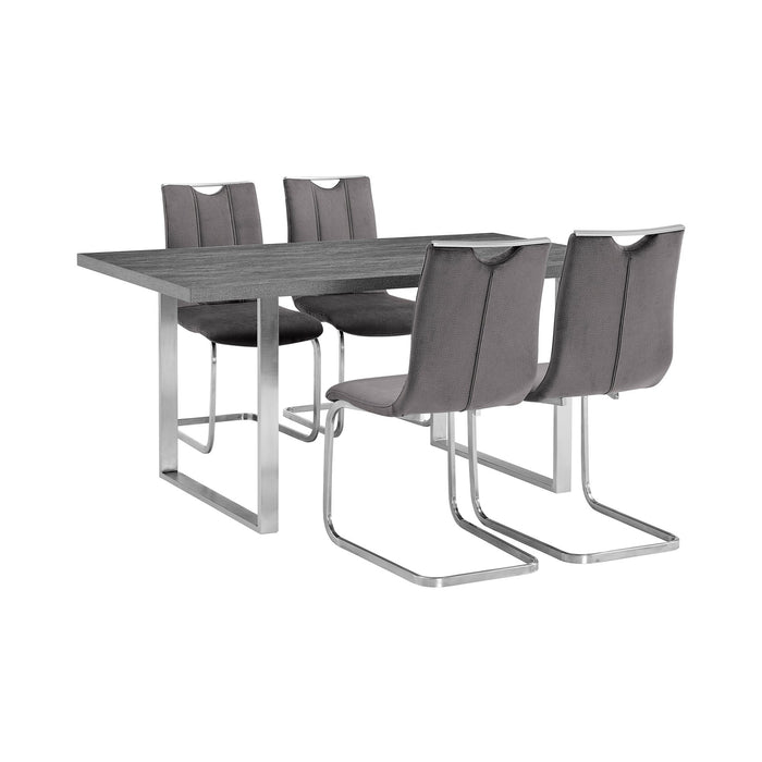 Fenton and Pacific 5 Piece Modern Rectangular Dining Set with Metal Base in Gray Melamine Wood and Gray Fabric