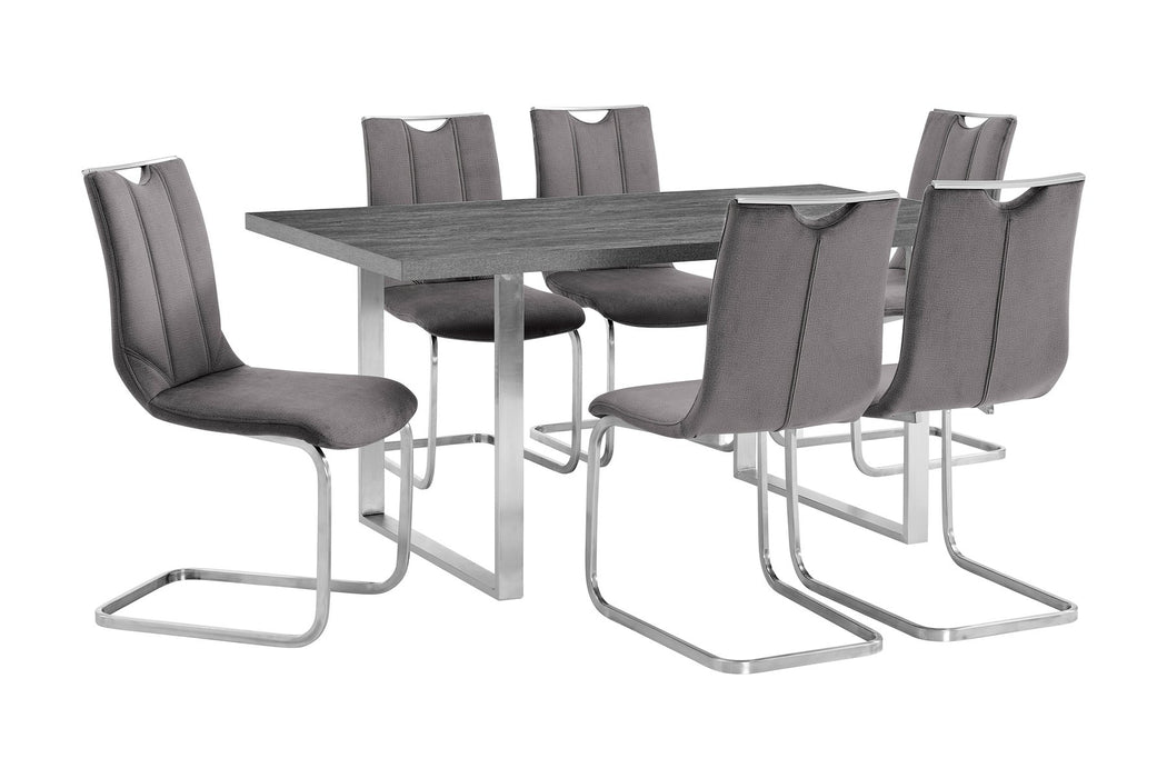 Fenton and Pacific 7 Piece Modern Rectangular Dining Set with Metal Base in Black Melamine Wood and Gray Fabric