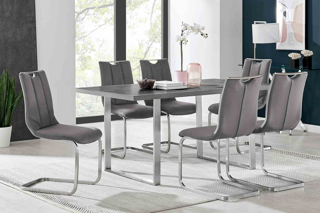 Fenton and Pacific 7 Piece Modern Rectangular Dining Set with Metal Base in Black Melamine Wood and Gray Fabric