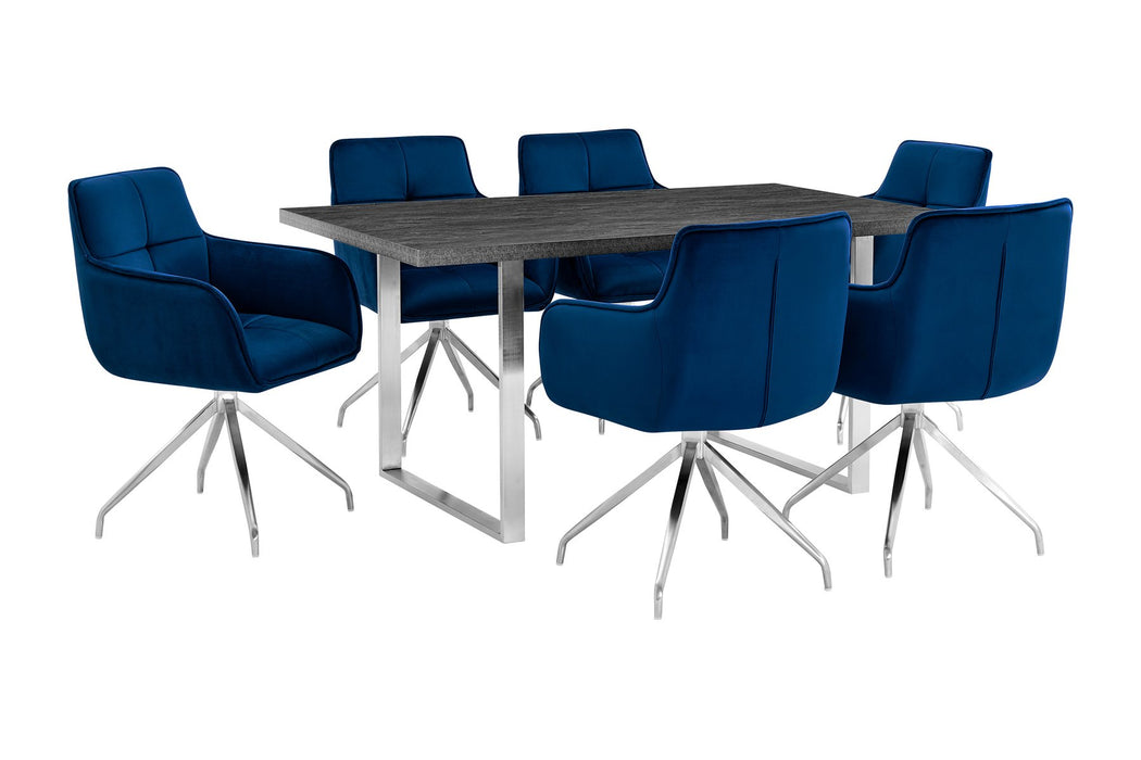 Fenton and Noah 7 Piece Modern Rectangular Dining Set in Black Melamine Wood and Blue Fabric
