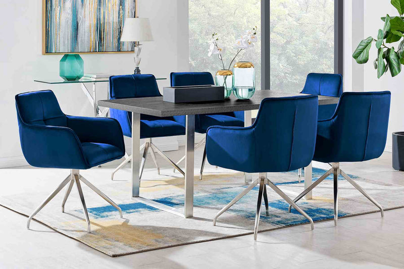 Fenton and Noah 7 Piece Modern Rectangular Dining Set in Black Melamine Wood and Blue Fabric - Furniture City (CA)l