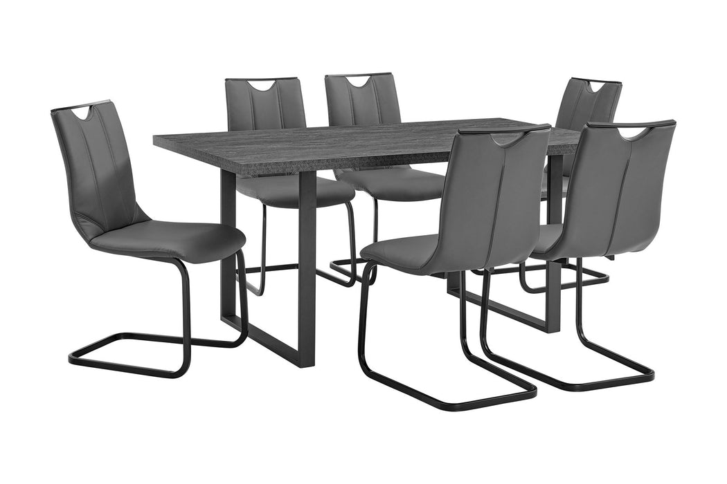 Fenton and Pacific 7 Piece Modern Rectangular Dining Set with Black Base in Black Melamine Wood and Gray Fabric
