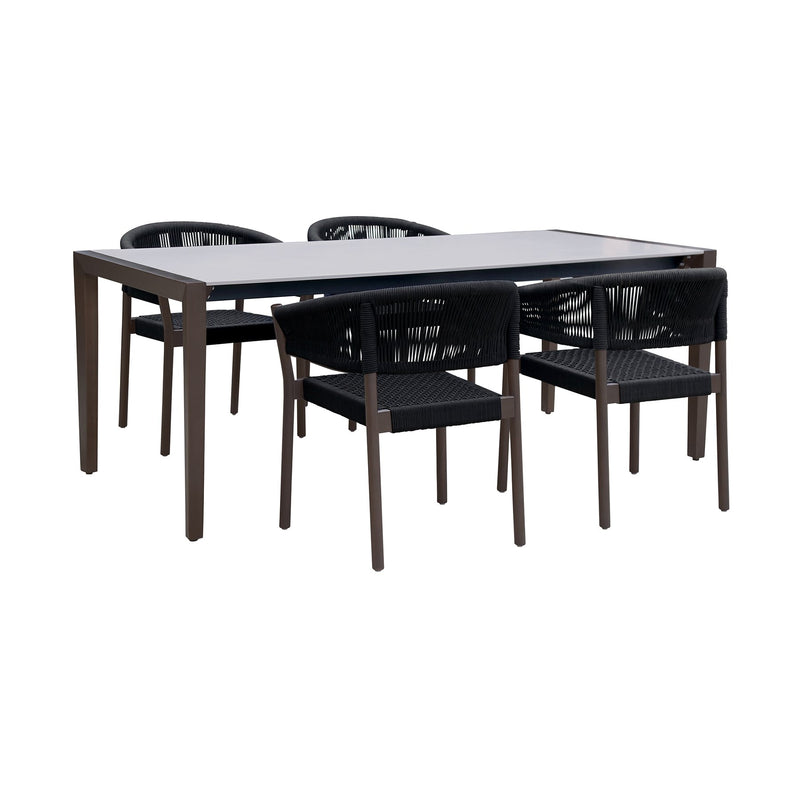 Fineline and Doris Indoor Outdoor 5 Piece Dining Set in Dark Eucalyptus Wood with Superstone and Black Rope - Furniture City (CA)l
