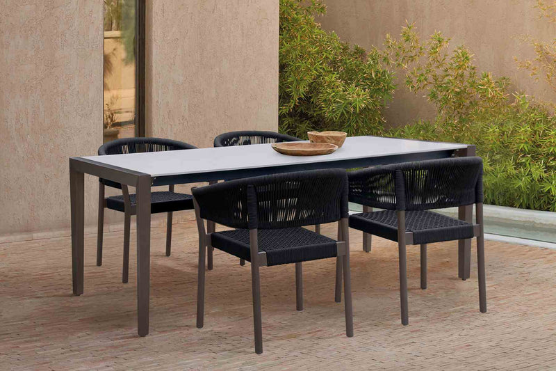 Fineline and Doris Indoor Outdoor 5 Piece Dining Set in Dark Eucalyptus Wood with Superstone and Black Rope - Furniture City (CA)l