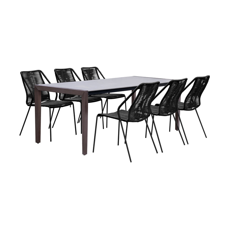 Fineline and Clip Indoor Outdoor 7 Piece Dining Set in Dark Eucalyptus Wood with Superstone and Black Rope - Furniture City (CA)l