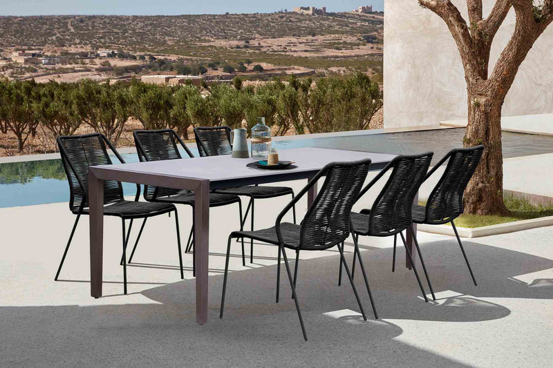 Fineline and Clip Indoor Outdoor 7 Piece Dining Set in Dark Eucalyptus Wood with Superstone and Black Rope - Furniture City (CA)l