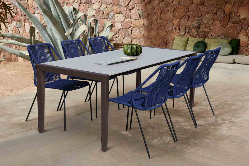 Fineline and Clip Indoor Outdoor 7 Piece Dining Set in Dark Eucalyptus Wood with Superstone and Blue Rope - Furniture City (CA)l