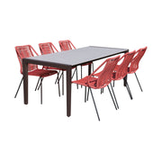 Fineline and Clip Indoor Outdoor 7 Piece Dining Set in Dark Eucalyptus Wood with Superstone and Brick Red Rope - Furniture City (CA)l