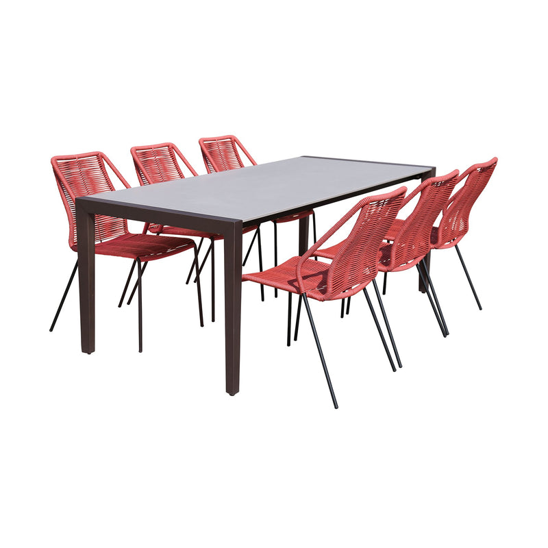 Fineline and Clip Indoor Outdoor 7 Piece Dining Set in Dark Eucalyptus Wood with Superstone and Brick Red Rope - Furniture City (CA)l