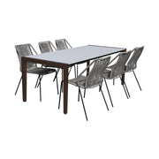 Fineline and Clip Indoor Outdoor 7 Piece Dining Set in Dark Eucalyptus Wood with Superstone and Gray Rope - Furniture City (CA)l
