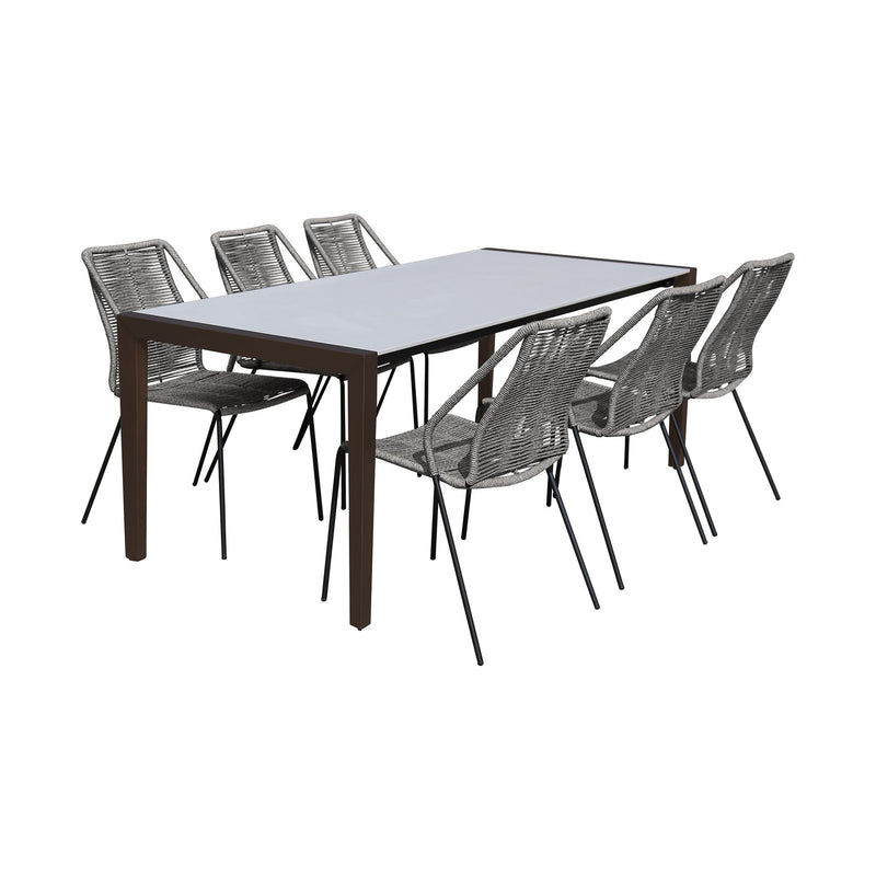 Fineline and Clip Indoor Outdoor 7 Piece Dining Set in Dark Eucalyptus Wood with Superstone and Gray Rope - Furniture City (CA)l