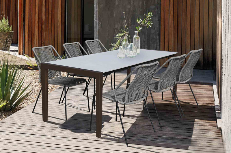 Fineline and Clip Indoor Outdoor 7 Piece Dining Set in Dark Eucalyptus Wood with Superstone and Gray Rope - Furniture City (CA)l