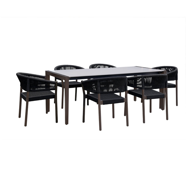 Fineline and Doris Indoor Outdoor 7 Piece Dining Set in Dark Eucalyptus Wood with Superstone and Black Rope - Furniture City (CA)l
