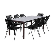 Fineline and Clip Indoor Outdoor 9 Piece Dining Set in Dark Eucalyptus Wood with Superstone and Black Rope - Furniture City (CA)l