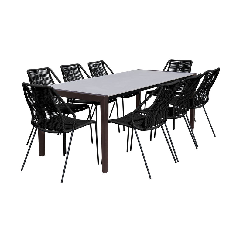 Fineline and Clip Indoor Outdoor 9 Piece Dining Set in Dark Eucalyptus Wood with Superstone and Black Rope - Furniture City (CA)l