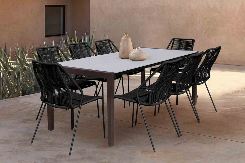 Fineline and Clip Indoor Outdoor 9 Piece Dining Set in Dark Eucalyptus Wood with Superstone and Black Rope - Furniture City (CA)l