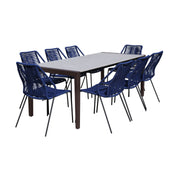 Fineline and Clip Indoor Outdoor 9 Piece Dining Set in Dark Eucalyptus Wood with Superstone and Blue Rope - Furniture City (CA)l