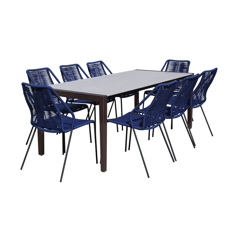 Fineline and Clip Indoor Outdoor 9 Piece Dining Set in Dark Eucalyptus Wood with Superstone and Blue Rope - Furniture City (CA)l