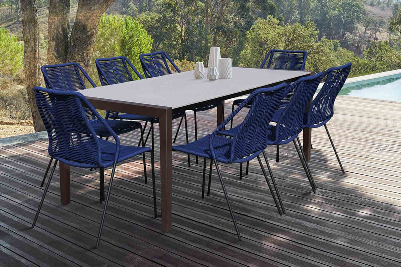 Fineline and Clip Indoor Outdoor 9 Piece Dining Set in Dark Eucalyptus Wood with Superstone and Blue Rope - Furniture City (CA)l