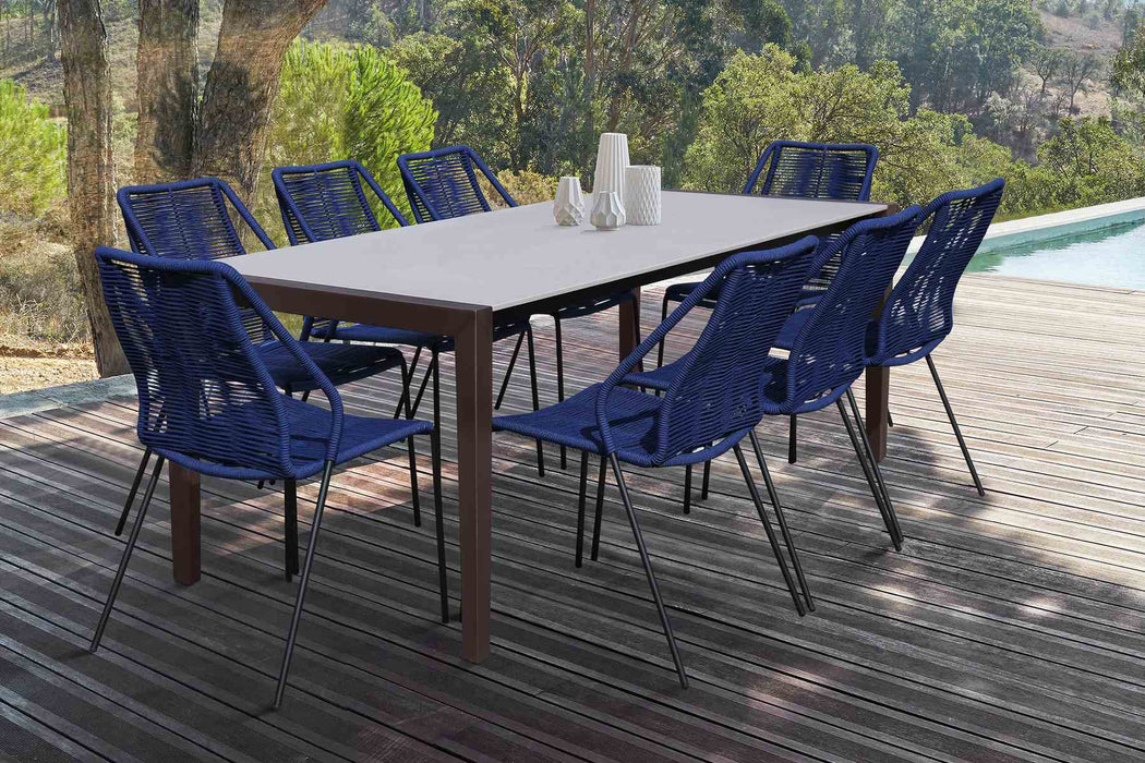 Fineline and Clip Indoor Outdoor 9 Piece Dining Set in Dark Eucalyptus Wood with Superstone and Blue Rope