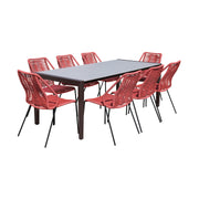Fineline and Clip Indoor Outdoor 9 Piece Dining Set in Dark Eucalyptus Wood with Superstone and Brick Red Rope - Furniture City (CA)l