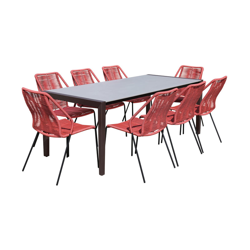 Fineline and Clip Indoor Outdoor 9 Piece Dining Set in Dark Eucalyptus Wood with Superstone and Brick Red Rope - Furniture City (CA)l