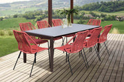 Fineline and Clip Indoor Outdoor 9 Piece Dining Set in Dark Eucalyptus Wood with Superstone and Brick Red Rope - Furniture City (CA)l