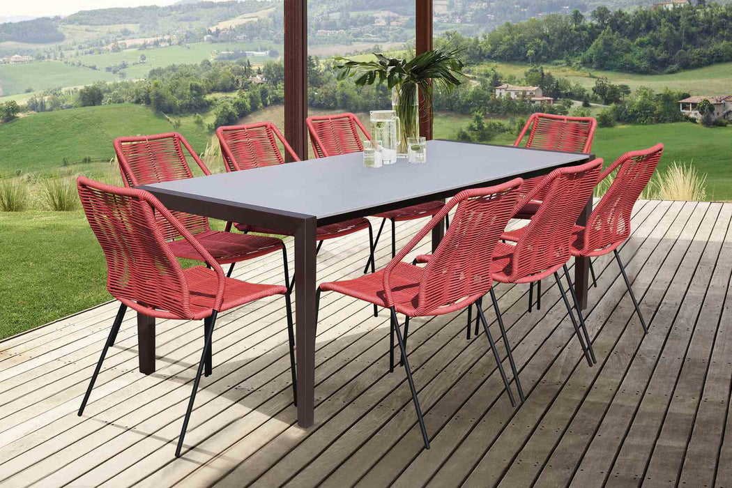 Fineline and Clip Indoor Outdoor 9 Piece Dining Set in Dark Eucalyptus Wood with Superstone and Brick Red Rope