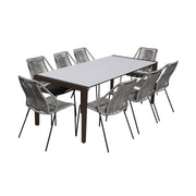 Fineline and Clip Indoor Outdoor 9 Piece Dining Set in Dark Eucalyptus Wood with Superstone and Gray Rope - Furniture City (CA)l