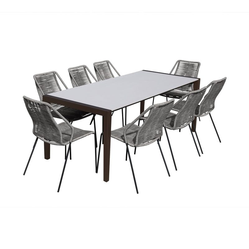 Fineline and Clip Indoor Outdoor 9 Piece Dining Set in Dark Eucalyptus Wood with Superstone and Gray Rope - Furniture City (CA)l