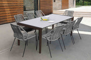 Fineline and Clip Indoor Outdoor 9 Piece Dining Set in Dark Eucalyptus Wood with Superstone and Gray Rope - Furniture City (CA)l