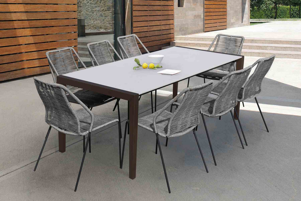 Fineline and Clip Indoor Outdoor 9 Piece Dining Set in Dark Eucalyptus Wood with Superstone and Gray Rope
