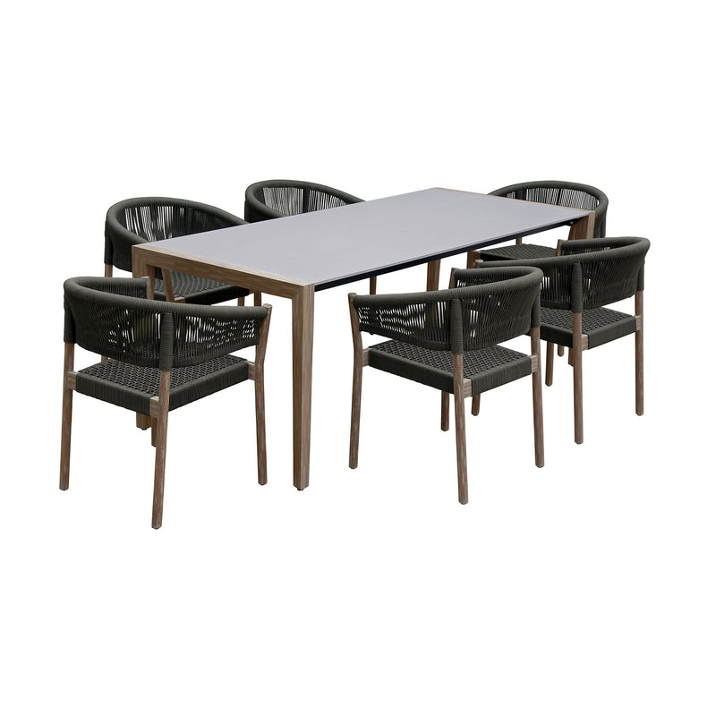 Fineline and Doris Indoor Outdoor 7 Piece Dining Set in Light Eucalyptus Wood with Superstone and Charcoal Rope - Furniture City (CA)l