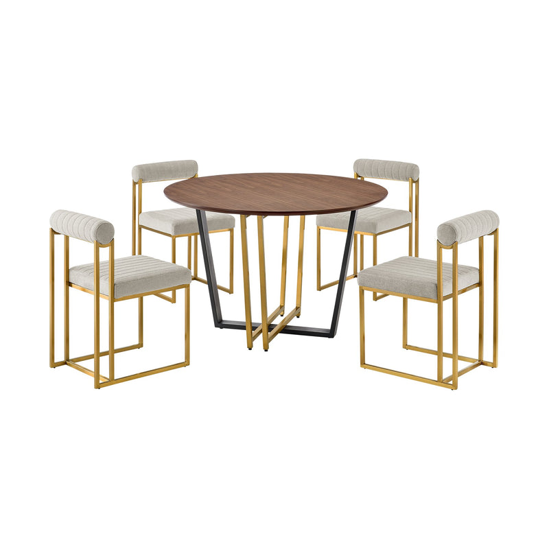 Joana Anastasia 5 Piece Round Walnut Dining Table Set with Brushed Stainless Steel and Taupe Fabric