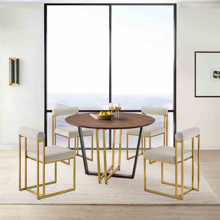 Joana Anastasia 5 Piece Round Walnut Dining Table Set with Brushed Stainless Steel and Taupe Fabric