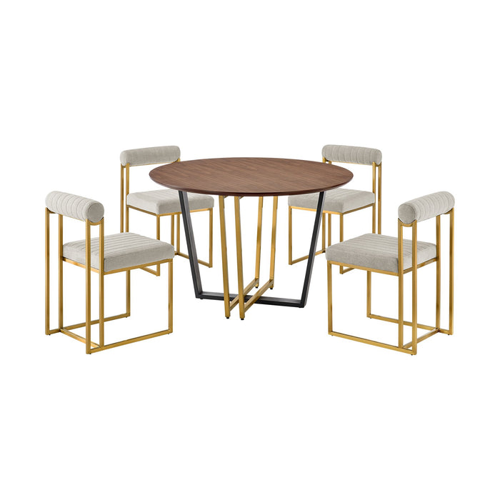 Joana Anastasia 5 Piece Round Walnut Dining Table Set with Brushed Stainless Steel and Taupe Fabric