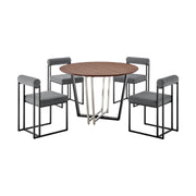 Joana Anastasia 5 Piece Round Walnut Dining Table Set with Matte Black Iron and Anchor Gray Fabric - Furniture City (CA)l