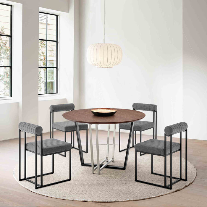 Joana Anastasia 5 Piece Round Walnut Dining Table Set with Matte Black Iron and Anchor Gray Fabric