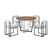 Joana Anastasia 5 Piece Round Walnut Dining Table Set with Matte Black Iron and Light Gray Fabric - Furniture City (CA)l