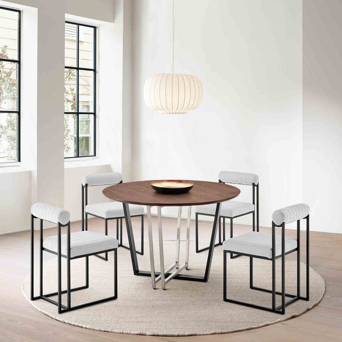 Joana Anastasia 5 Piece Round Walnut Dining Table Set with Matte Black Iron and Light Gray Fabric