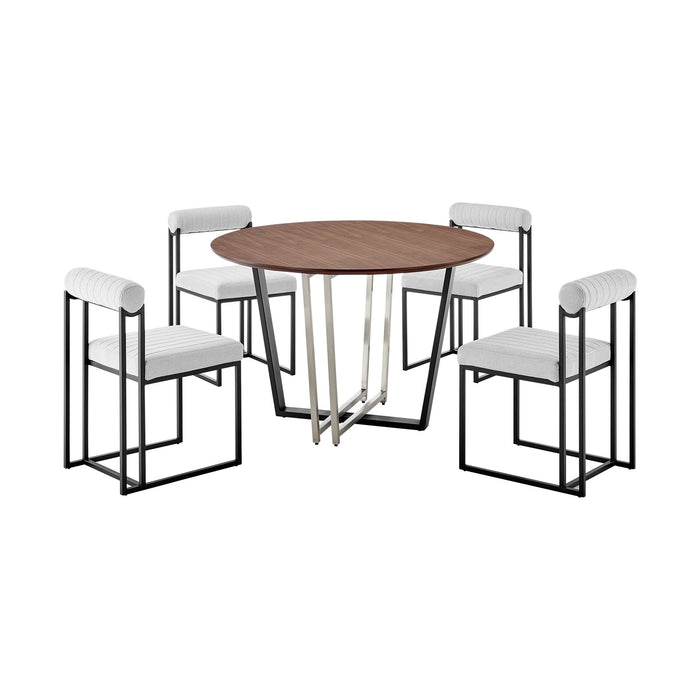 Joana Anastasia 5 Piece Round Walnut Dining Table Set with Matte Black Iron and Light Gray Fabric