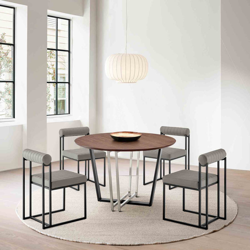 Joana Anastasia 5 Piece Round Walnut Dining Table Set with Matte Black Iron and Light Gray Faux Leather - Furniture City (CA)l
