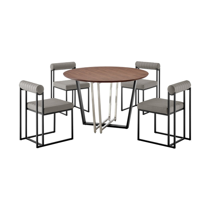 Joana Anastasia 5 Piece Round Walnut Dining Table Set with Matte Black Iron and Light Gray Faux Leather