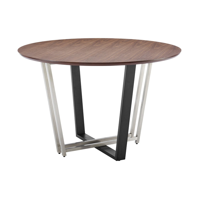 Joana Anastasia 5 Piece Round Walnut Dining Table Set with Matte Black Iron and Light Gray Faux Leather