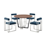 Joana Anastasia 5 Piece Round Walnut Dining Table Set with Brushed Stainless Steel and Blue Fabric - Furniture City (CA)l
