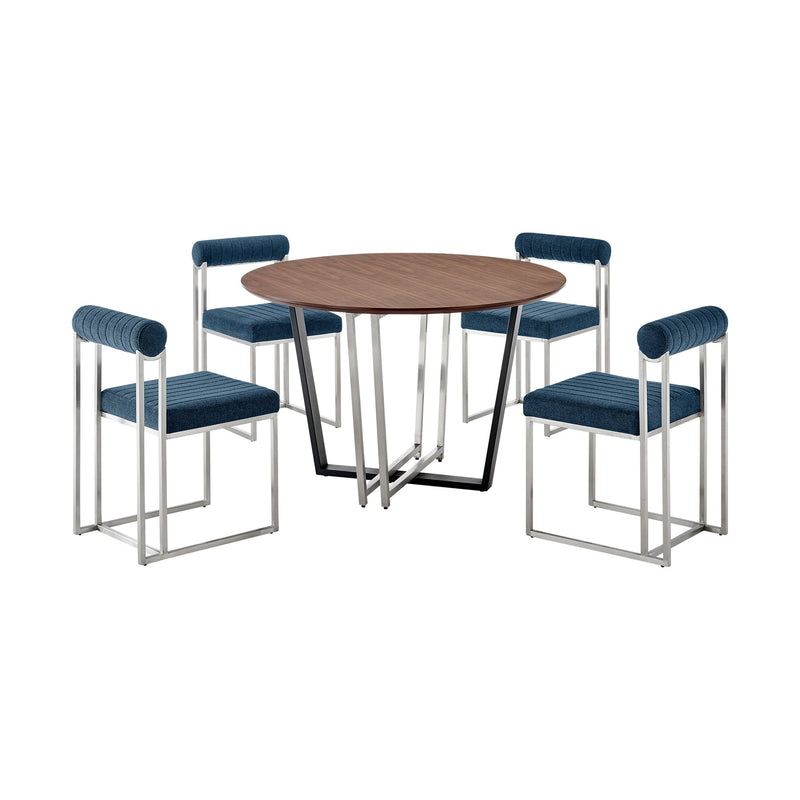 Joana Anastasia 5 Piece Round Walnut Dining Table Set with Brushed Stainless Steel and Blue Fabric - Furniture City (CA)l