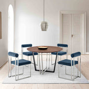 Joana Anastasia 5 Piece Round Walnut Dining Table Set with Brushed Stainless Steel and Blue Fabric - Furniture City (CA)l