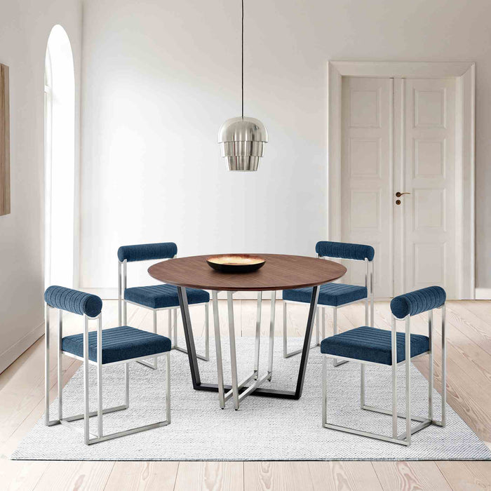 Joana Anastasia 5 Piece Round Walnut Dining Table Set with Brushed Stainless Steel and Blue Fabric